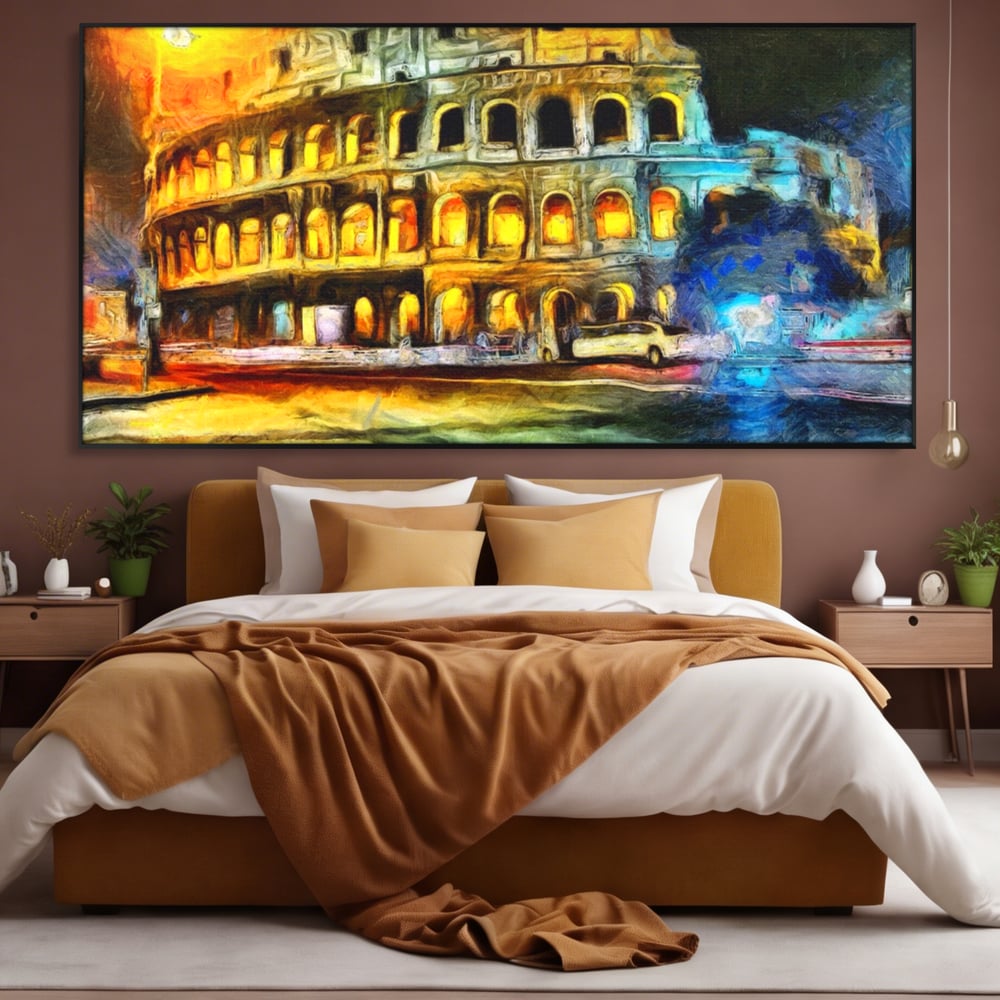 Tablou canvas cu pictura digitala cu colosseumul din roma noaptea, in rama de aluminiu negru, pe perete intr-un dormitor